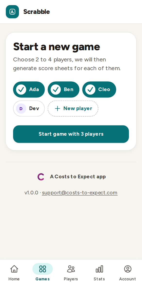 A screen shot of choosing the players for a new game