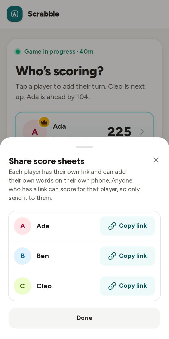 A screen shot of sharing a score sheet link with each player
