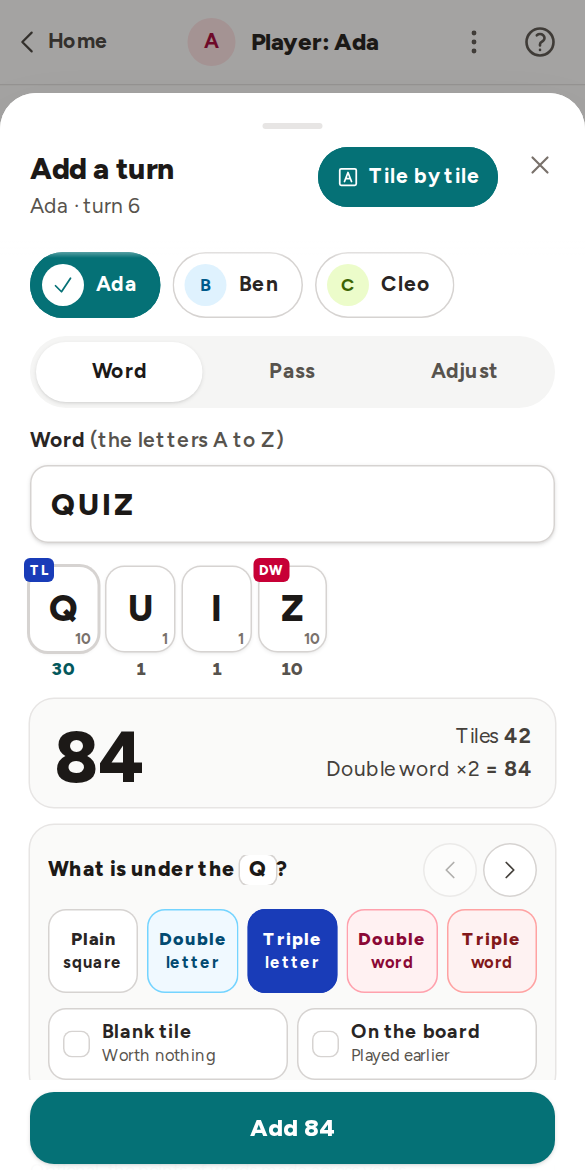 A screen shot of scoring the word QUIZ tile by tile, with a triple letter square under the Q and a double word square under the Z
